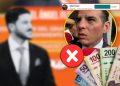 Collage Showing a Blurred Man in a Suit on the Left, a Close-up of Another Man Speaking to Reporters Inside a Yellow Circle on the Right, a Large Red X, and Stacks of Mexican Pesos; a Small Social-media Banner Appears at the Top. - Enbroncados