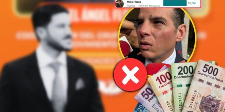 Collage Showing a Blurred Man in a Suit on the Left, a Close-up of Another Man Speaking to Reporters Inside a Yellow Circle on the Right, a Large Red X, and Stacks of Mexican Pesos; a Small Social-media Banner Appears at the Top. - Enbroncados