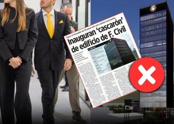 Collage of Suited Officials Walking, a Tilted Newspaper Front Page About a Building, and a Tall Glass Tower with a Red X Indicating False Information. - Enbroncados