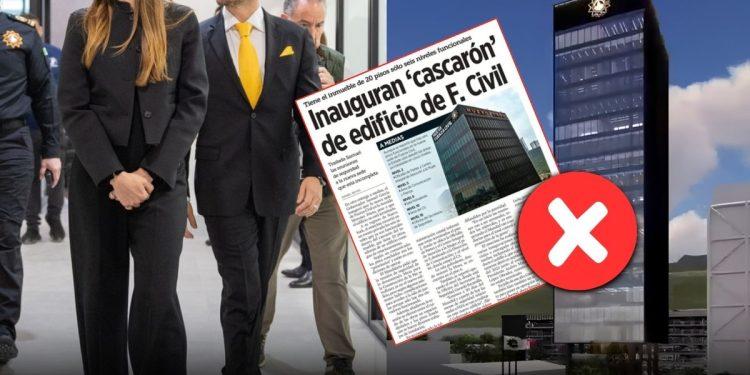 Collage of Suited Officials Walking, a Tilted Newspaper Front Page About a Building, and a Tall Glass Tower with a Red X Indicating False Information. - Enbroncados