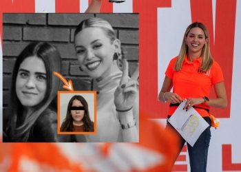Presenter in an Orange Polo Holding Papers at a Red-and-white Event Backdrop; Inset Shows Grayscale Photo of Two Women with a Smaller Orange-framed Portrait of One Woman Whose Eyes Are Blacked Out, Highlighted by an Orange Arrow. - Enbroncados