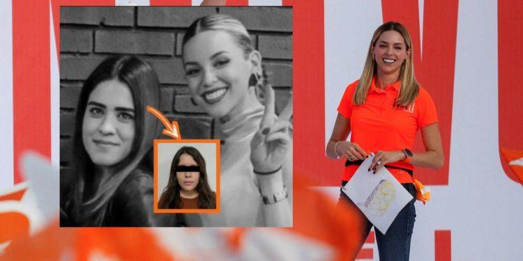Presenter in an Orange Polo Holding Papers at a Red-and-white Event Backdrop; Inset Shows Grayscale Photo of Two Women with a Smaller Orange-framed Portrait of One Woman Whose Eyes Are Blacked Out, Highlighted by an Orange Arrow. - Enbroncados