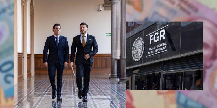 Two Men in Dark Suits Walk Down a Tiled Hallway of a Government Building; a Second Image Shows the Fgr Sign (fiscalía General De La República). - Enbroncados