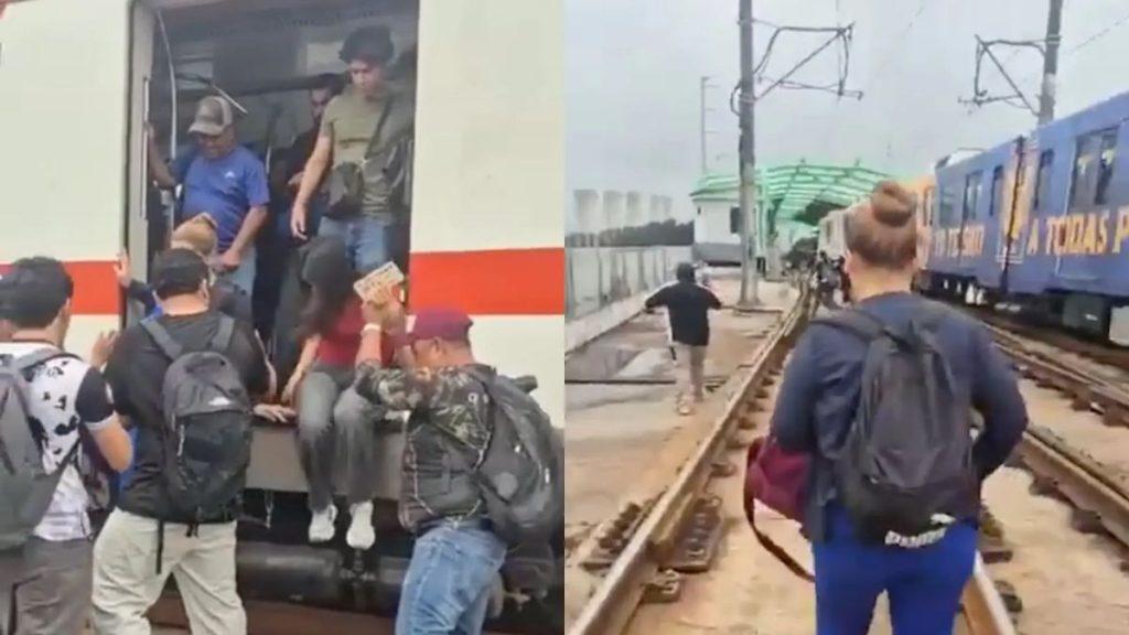 Group of Travelers with Backpacks Boarding a White Train with a Red Stripe at a Station, Some Helping Others. - Enbroncados