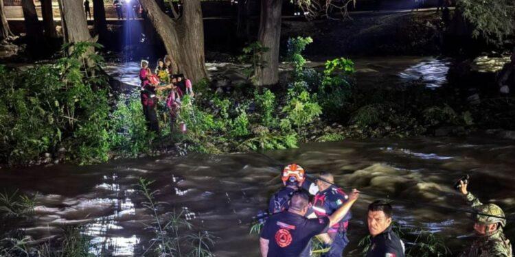 Emergency Responders in Gear Help a Person from a River at Night, with Others on the Riverbank Observing and a Tree-lined Backdrop. - Enbroncados