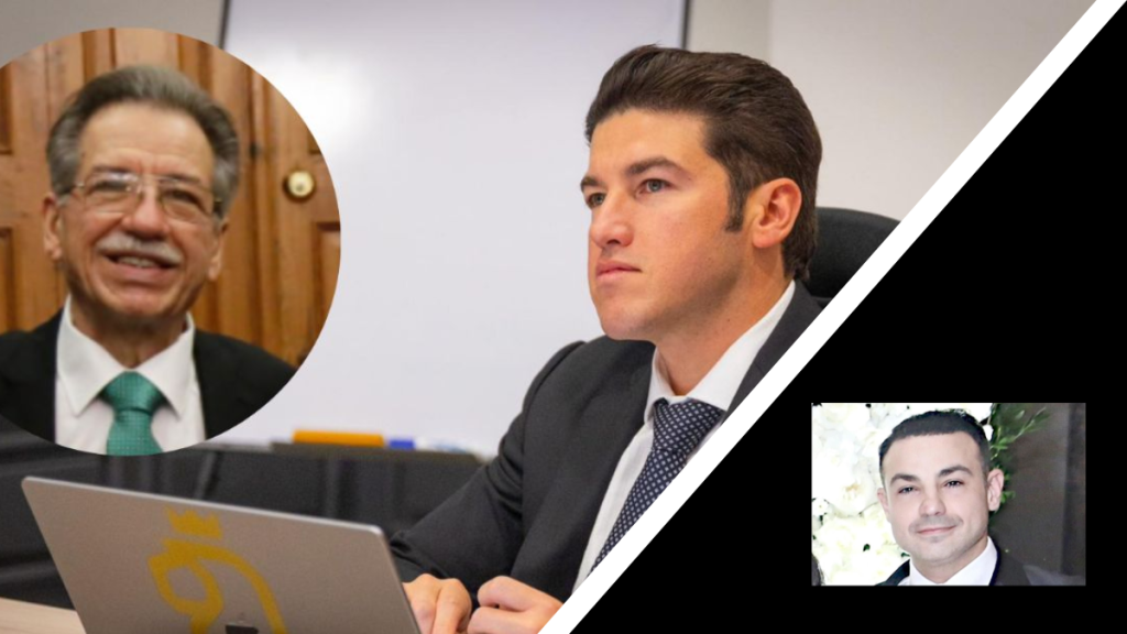 Man in a Suit Typing at a Laptop, with a Circular Inset of a Smiling Older Man on the Left and a Small Portrait of Another Man on the Right Against a Geometric Background. - Enbroncados
