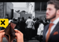 Open Wallet Held by Two Hands in the Foreground with a Crowd and a Yellow X Speech Bubble in the Background, Signaling Financial Hardship or Rejection. - Enbroncados