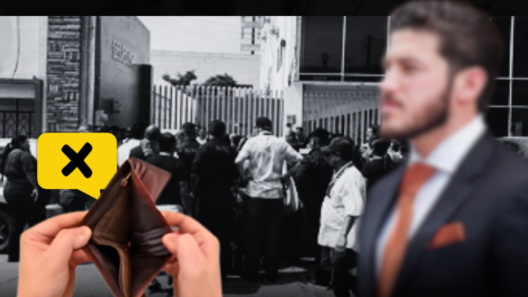 Open Wallet Held by Two Hands in the Foreground with a Crowd and a Yellow X Speech Bubble in the Background, Signaling Financial Hardship or Rejection. - Enbroncados