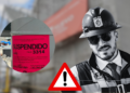 El-puente-la-virgen-tapa-el-drenaje - Enbroncados Construction Worker in a Helmet and Sunglasses Beside a Large Red 'suspendido' Notice and a Red Warning Triangle, Signaling a Suspended Work Permit at a Site. - Enbroncados