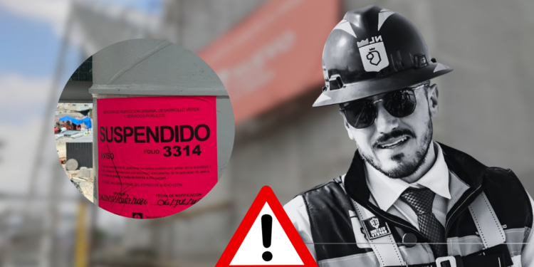El-puente-la-virgen-tapa-el-drenaje - Enbroncados Construction Worker in a Helmet and Sunglasses Beside a Large Red 'suspendido' Notice and a Red Warning Triangle, Signaling a Suspended Work Permit at a Site. - Enbroncados