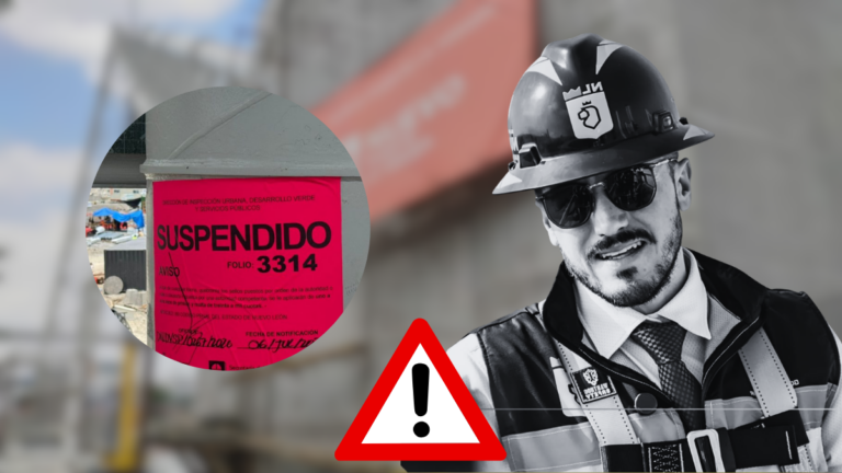 Construction Worker in a Helmet and Sunglasses Beside a Large Red 'suspendido' Notice and a Red Warning Triangle, Signaling a Suspended Work Permit at a Site. - Enbroncados