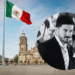 Mexico Flag Flies over a City Square with a Historic Building; a Circular Grayscale Inset Shows a Man Speaking at a Microphone. - Enbroncados
