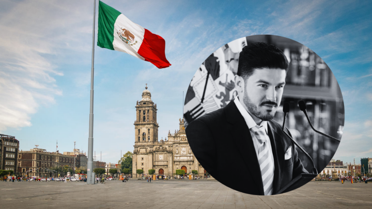 Mexico Flag Flies over a City Square with a Historic Building; a Circular Grayscale Inset Shows a Man Speaking at a Microphone. - Enbroncados
