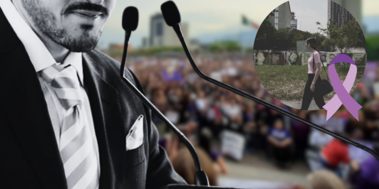 Public Speaker at a Podium Addressing a Crowded Outdoor Rally; a Purple Awareness Ribbon Overlays the Scene. - Enbroncados