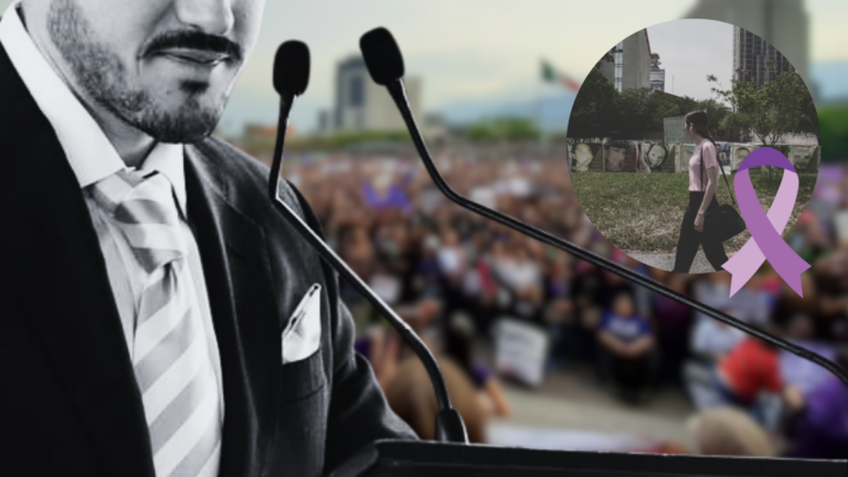 Public Speaker at a Podium Addressing a Crowded Outdoor Rally; a Purple Awareness Ribbon Overlays the Scene. - Enbroncados