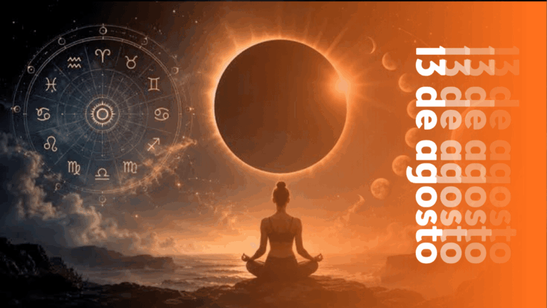 Meditating Person on a Rocky Shore During a Solar Eclipse, with a Zodiac Wheel to the Left and Large Orange '13 De Agosto' Text on the Right. - Enbroncados