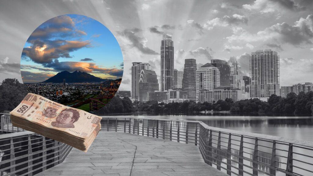 Collage Digital Con Vista De Monterrey Y El Cerro De La Silla a Color, Un Fajo De Billetes De 500 Pesos Mexicanos Y Un Fondo En Blanco Y Negro De Rascacielos Y Río - Enbroncados