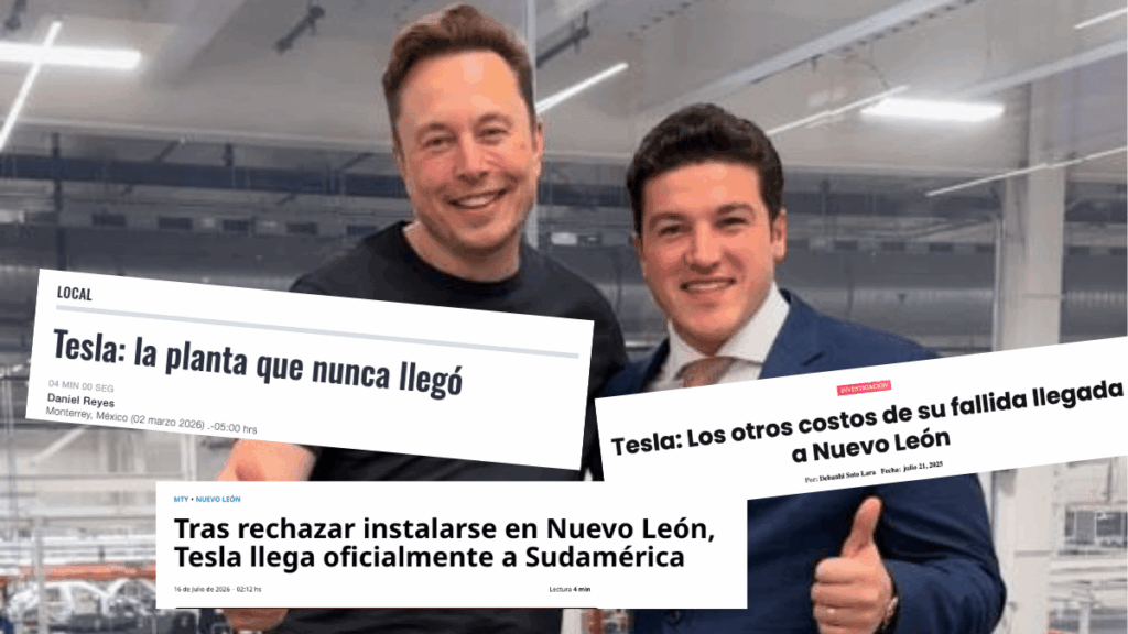 Foto De Samuel García Con Elon Musk Y Notas De Presa Alrededor Donde Se Remarcan Las Promesas Rotas De Samuel Respecto a Tesla En Nuevo León - Enbroncados