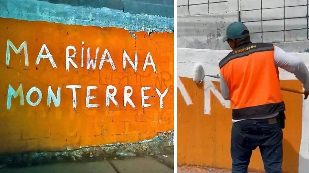 Trabajadores Estatales Limpian Barda Vandalizada de Mariana Rodríguez